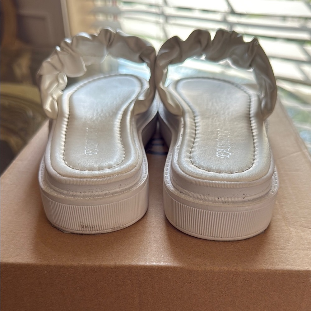 White Satin Slide Sandals - Picture 2 of 11